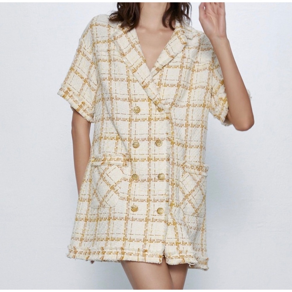 Zara Women Cream Yellow‎ Plaid Tweed Double Breasted Dress Gold Buttons Small